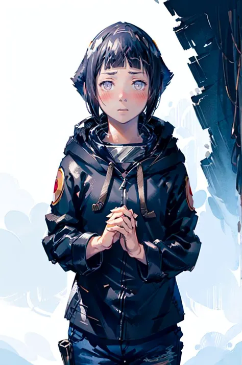 solo, shy, blush, looking down, pov, facing viewer,  <lora:hinata_hyuuga:0.75> hinata_hyuuga, white eyes, no pupils, short hair, blue hair, blunt bangs, sidelocks, hoodie, forehead protector, jacket, blue pants,  <lora:Yoshida_Akihiko_style_v01:1> interlocked fingers,, absurdres, ultra detailed, masterpiece, best quality, aesthetic, detailed,