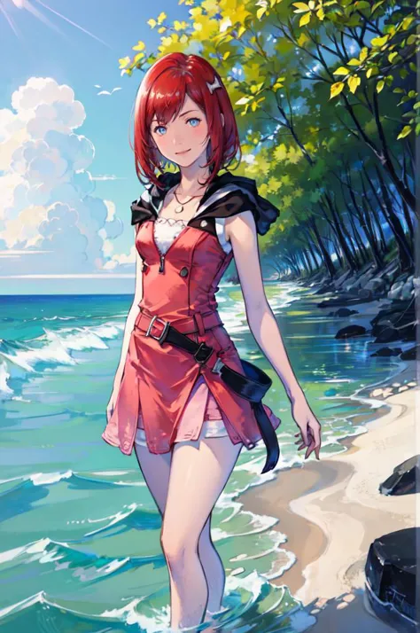 a woman in a red dress walking along a beach next to the ocean