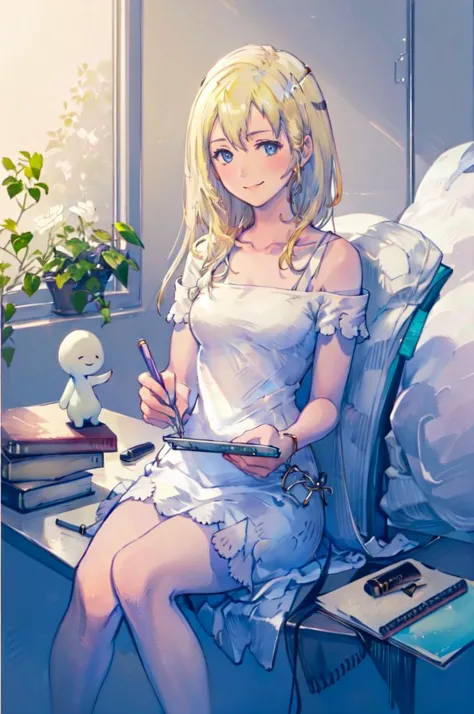 sitting, smile, holding pencil,   <lora:namine_v1:0.7> aanamine, blonde hair, bare shoulders, white dress,  <lora:Yoshida_Akihiko_style_v01:1>, absurdres, ultra detailed, masterpiece, best quality, aesthetic, detailed,