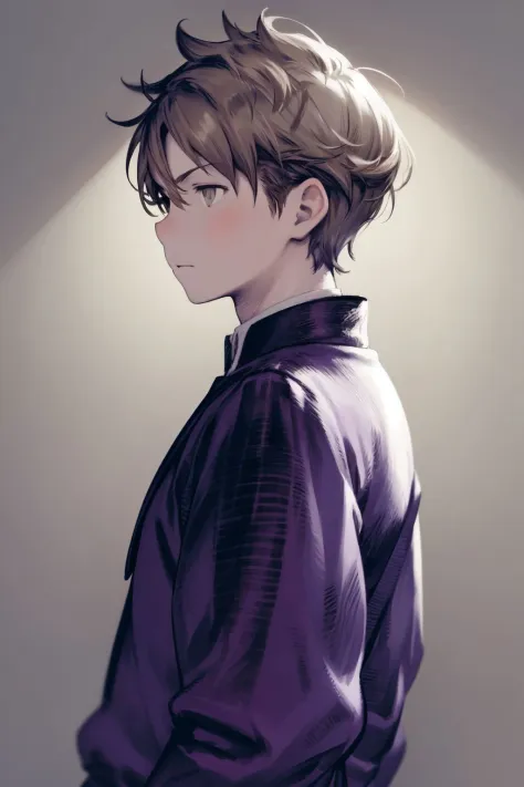 portrait, solo, 1boy, looking to the side, light brown hair, undercut, grey eyes, purple clothes, backlighting, simple background 