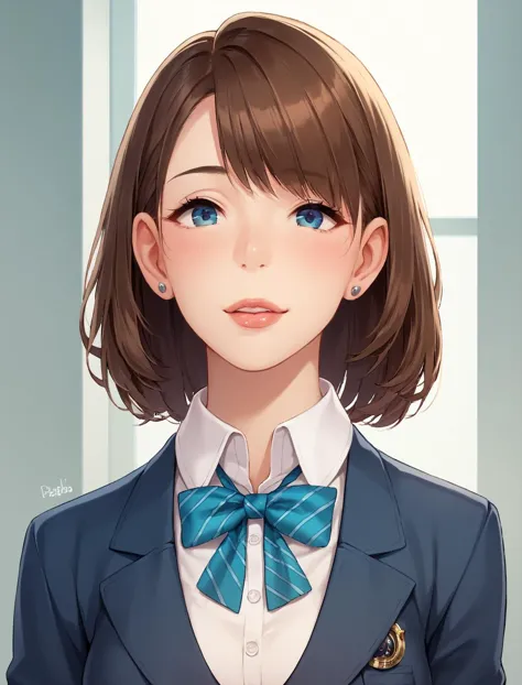 anime girl with blue eyes and a blue bow tie