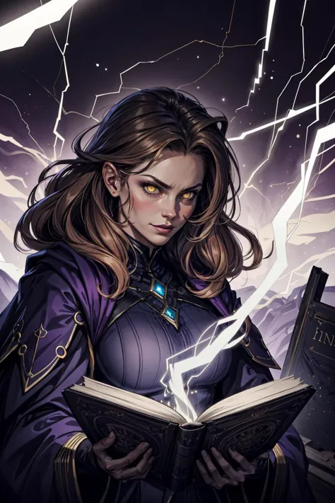 a woman in a purple dress holding a book and lightning