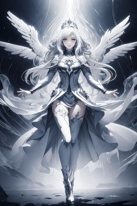 a woman with white hair and wings is standing in the dark