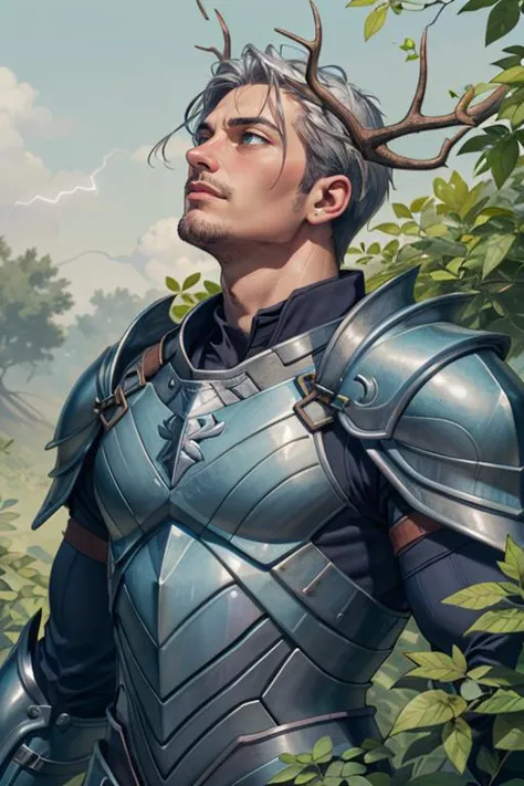 a man in armor standing in a forest with trees