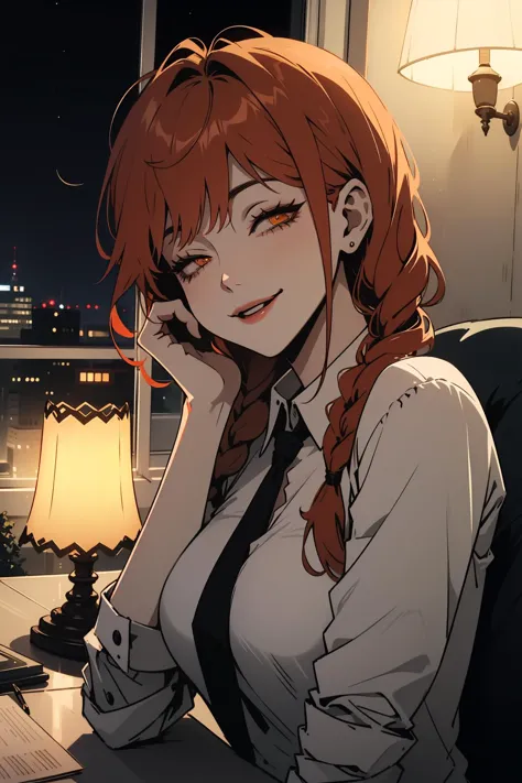 1girl, red hair, medium hair, 2 long braids, orange eyes, half-closed eyes, seductive smile, office lady, night time, lamp light,   <lora:makima_offset:0.6> makima \(chainsaw man\)