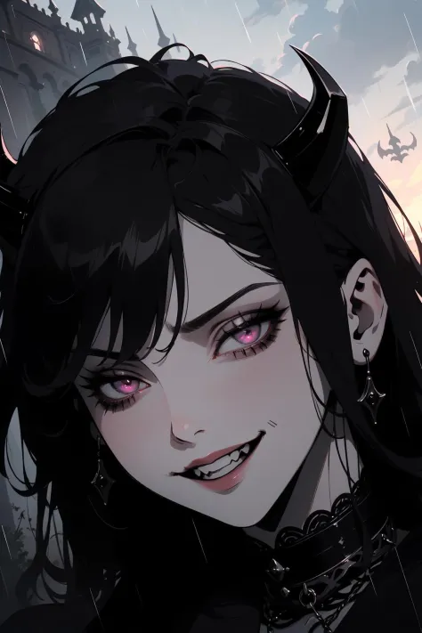 (outside, scary castle, raining, evening, soft light, dim lit, moody vibe, horror \(theme\), ), (insanely detailed, beautiful detailed face, masterpiece, best quality), 1girl, succubus, demon girl, mature female, (black hair), pink eyes, grin, smirk, demon...