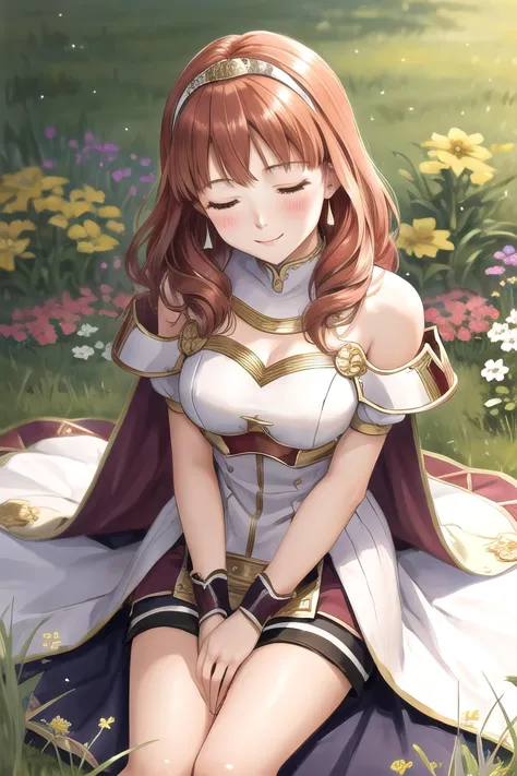 celica fe, 1girl, solo, looking at viewer, field background, (flowers), sitting, closed eyes, smile, blush, cape, armor, dress, tiara, bare shoulders, pelvic curtain, from above