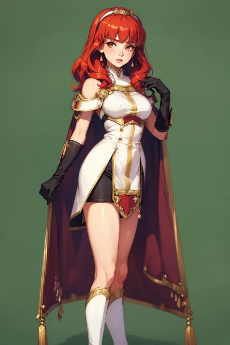 celica fe, 1girl, long hair, red hair, [yellow eyes|red eyes], solo, tiara, hairband, (gloves), dress, jewelry, cape, <lora:Char...