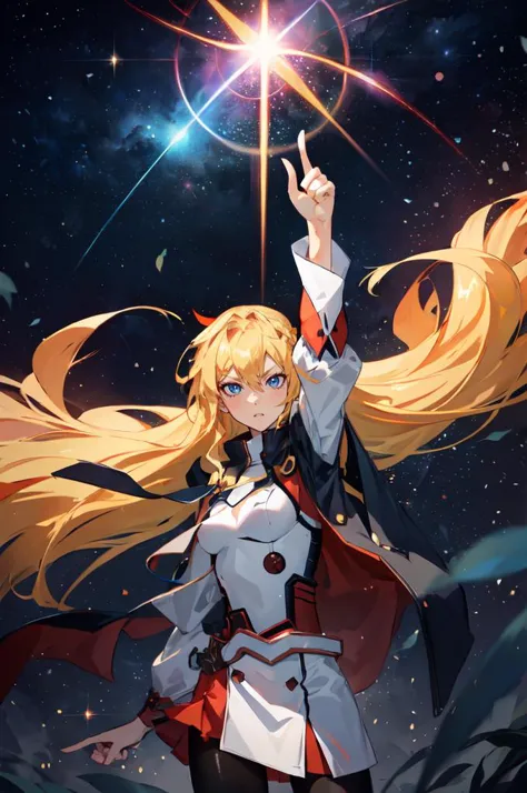 a woman in a white coat holding a star above her head