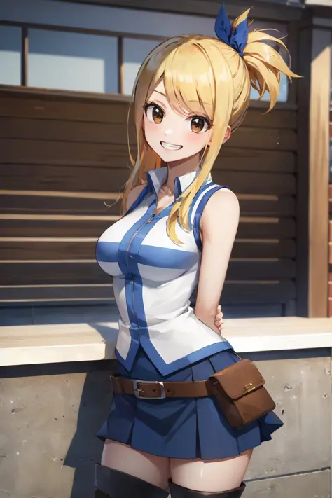 (masterpiece, best quality:1.2), <lora:fairytail_lucyheartfilia-10:1>, solo, 1girl, lucy heartfilia, grin, looking at viewer, ar...