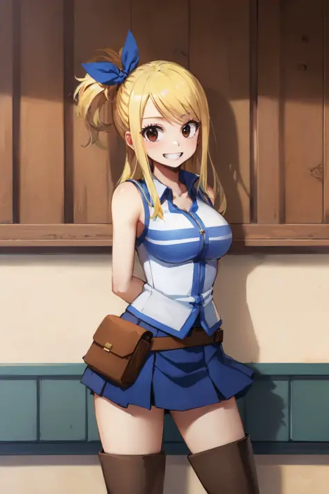 (masterpiece, best quality:1.2), <lora:fairytail_lucyheartfilia-10:1>, solo, 1girl, lucy heartfilia, grin, looking at viewer, arms behind back, blue sleeveless shirt, miniskirt, belt pouch, thigh boots