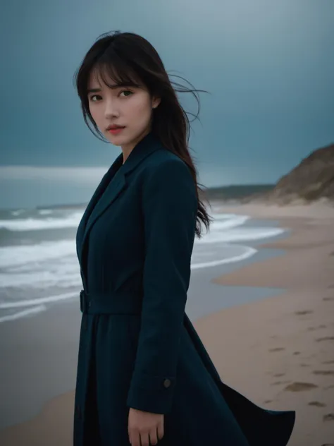 cinematic photo {sll,1girl,solo,beach,wind,looking at viewer,short coat,long dress,dusk,upper body,} . 35mm photograph,realistic,high quality,highres,professional,4k,highly detailed,professional,realistic photograph,transparent,