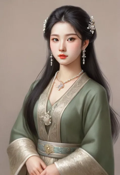 masterpiece,best quality,Asian young girl, noble princess,cute,black hair, gray eyes, Hanfu, necklace, pearl earrings,magical,illustration,style of Walter Crane, 