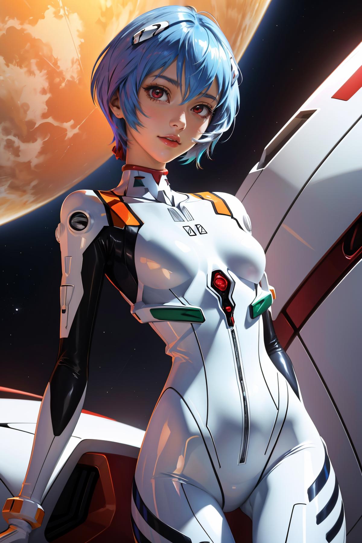 A close up of a woman in a white suit with blue hair - SeaArt AI