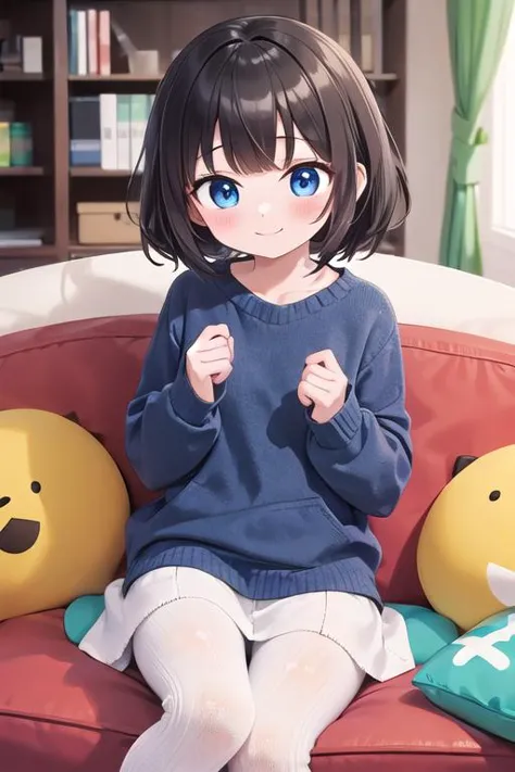 anime girl sitting on a couch with a stuffed animal