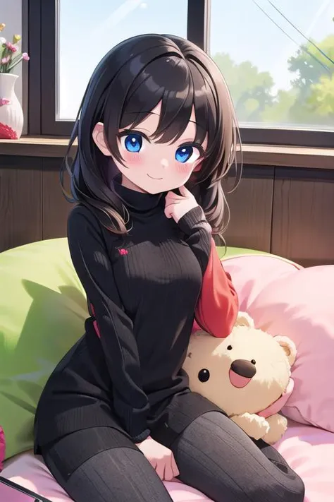 anime girl sitting on a bed with a teddy bear