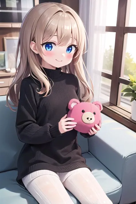 anime girl sitting on a couch holding a pink teddy bear