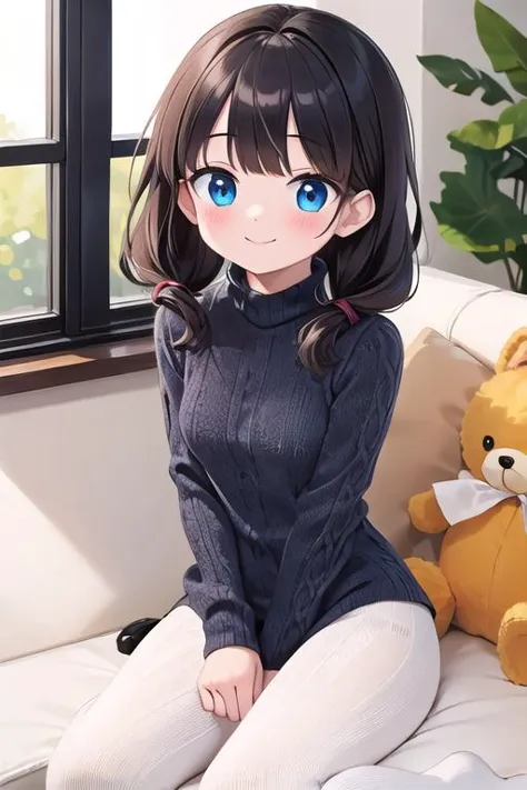 anime girl sitting on a couch with a teddy bear