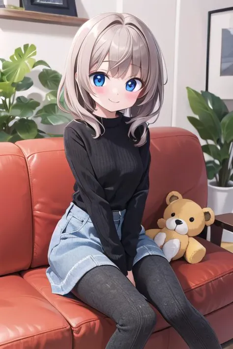 anime girl sitting on a couch with a teddy bear