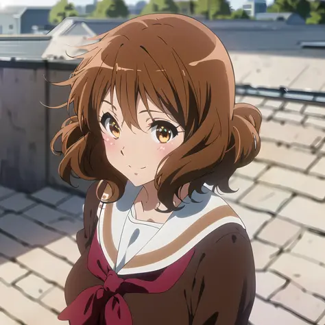 alta qualidade, melhor qualidade, obra de arte, absurdos, Kumiko Oumae, uniforme de inverno, 1 garota,  olhando_no_visualizador, sorriso, corar, (completo_corpo), telhado