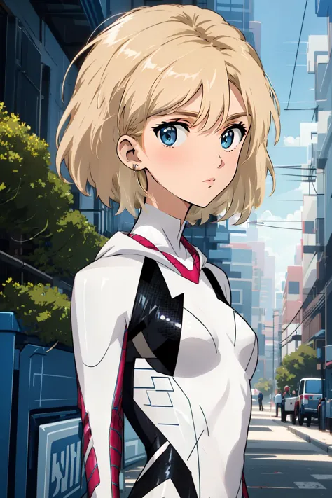 (masterpiece, best quality),  intricate details,
1girl,  <lora:gwen_1.5:0.8> gwen stacy, blonde hair , short hair, animification ,eyebrow piercing,spider-gwen suit , bodysuit , superhero