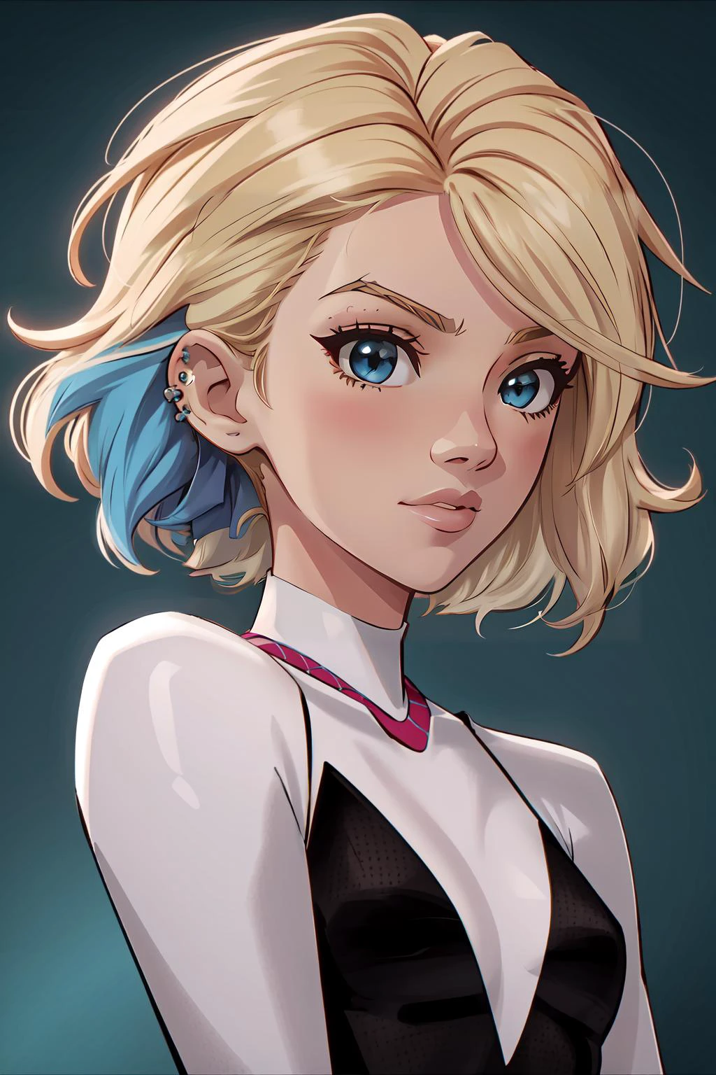 (chef-d&#39;œuvre, meilleure qualité),  Détails complexes,
1fille,  Gwen Stacy, cheveux blond , cheveux bleus , cheveux courts, animation ,perçage des sourcils 3DMM,