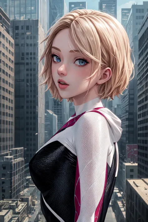 (Meisterwerk, Top Qualität, beste Qualität, offizielle Kunst, schön und ästhetisch:1.2),sehr detailliertes Gesicht,1 Mädchen,gwen_stefanie, (Porträt:1.3),Spider-Gwen-Anzug , Body , Superheld,(Extrem detailliert,highres, höchste Detailliertheit,8k,absurdesten,CG),cyberpunk city, Glücklich