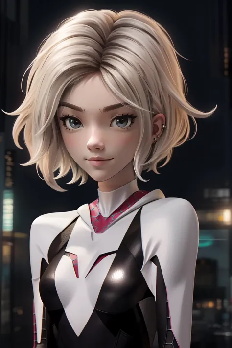 (masterpiece, best quality),  intricate details,
1girl,  <lora:gwen_1.5:0.8> gwen stacy, blonde hair , short hair, animification ,eyebrow piercing,spider-gwen suit , bodysuit , superhero
smirking,