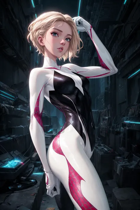 (masterpiece, top quality, best quality, official art, beautiful and aesthetic:1.2),highly detailed face,gwen_stacy, (portrait),spider-gwen suit , bodysuit , superhero,(extremely detailed,highres, highest detailed:1.2),(8k,absurdres,CG),neon lighting, (vibrant glow), dynamic colors, striking contrast, futuristic vibe, electric energy,reflective surfaces, 