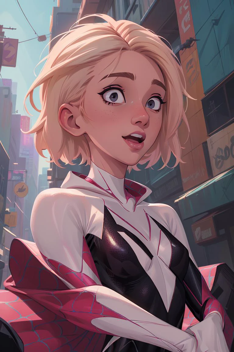 (masterpiece, top quality, best quality, official art, beautiful and aesthetic:1.2),highly detailed face,1girl,gwen_stacy, (portrait:1.3), spider-gwen suit , bodysuit , superhero,(extremely detailed,highres, highest detailed,8k,absurdres,CG),cyberpunk city, happy,