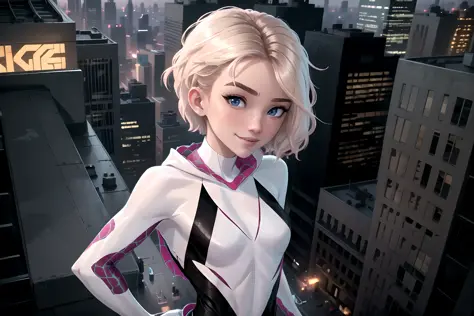 (masterpiece, best quality:1.2),extremely intricate, 1girl, solo, solo focus, face focus, detailed eyes, deep eyes, mature female, side cut, looking at viewer, pink hair, close up, eyebrow piercing
detailed background, night, city, rooftop,
gwen stacy, blo...