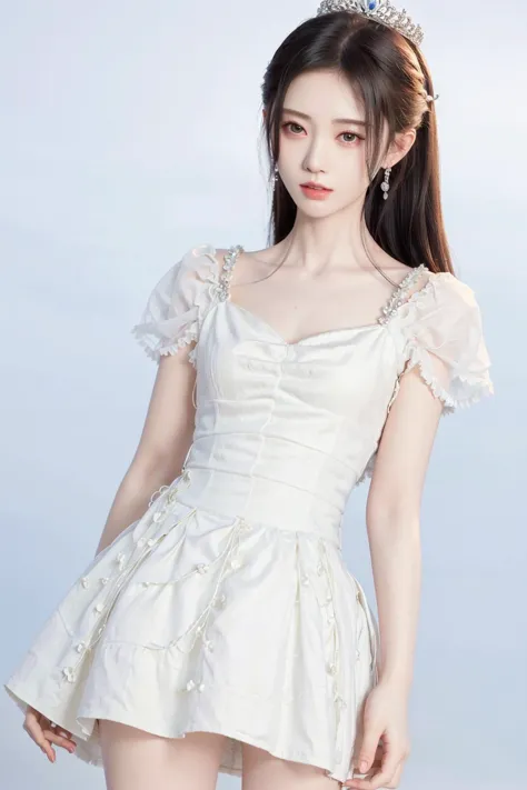 (obra maestra, mejor calidad:1.2), Calidad cruda, Detalle exquisito, iluminación de calidad de estudio, desde el frente, mira al espectador,  cuerpo completo, model, Pararse, blanco, Princesa, 
Fondo limpio, 
Jujingyi, 