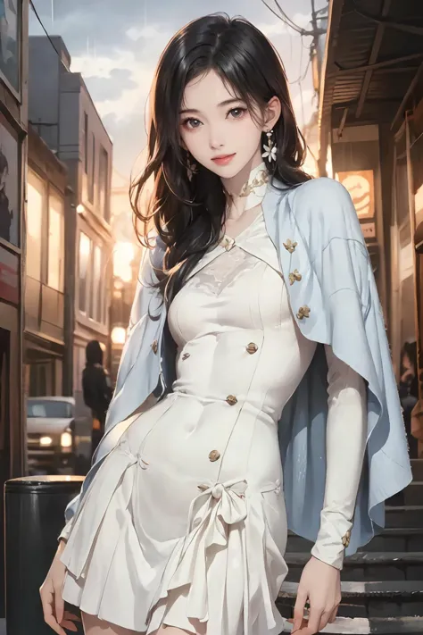 8k high quality detailed,highres,anime,comic,detailed image,
(an illustration of a teenage girl posing,(an illustration of girl,teenage girl)),(magazine_illustration),
(,jujingyi,1girl,long hair,black eyes,lips,earrings,small breasts),(Beaming Smile),detailed_face,
((Standing on a city street, holding an umbrella in the rain, looking upward,):0.8),
(, OvcioWearableWrap,capelet),(,realistic clothing texture,realistic_skin_texture),<lora:jujingyi_v3:0.7>,<lora:lora.TA_trained (1):0.65>,<lora:more_details:0.2>