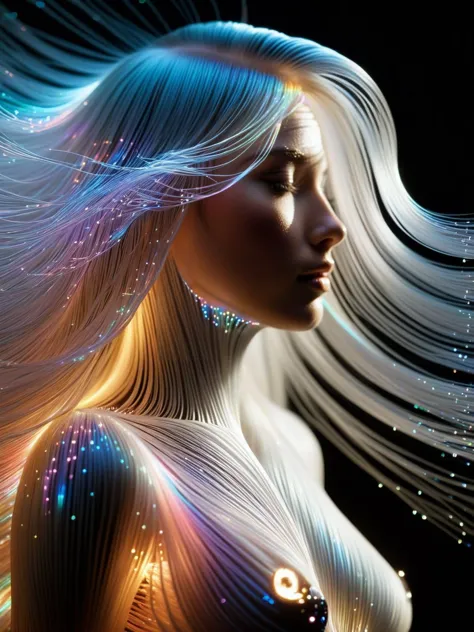 a woman with long white hair and glowing lights on her body