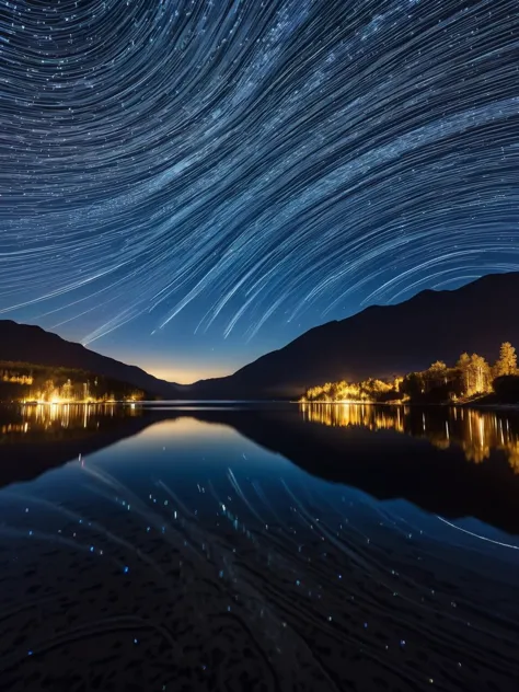 A starry night sky reflected in a crystal-clear lake, the stars and constellations transformed into shimmering FiberOptic threads that dance across the water's surface. FiberOptic <lora:FiberOptic:1>, <lora:EnvyBetterHiresFixXL01:0:hr=1>