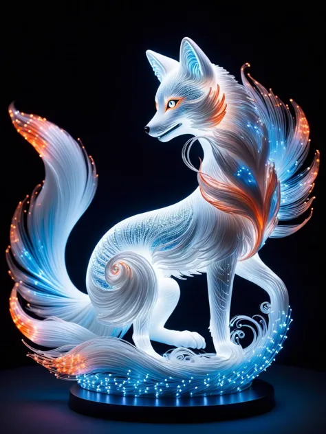 a white and orange statue of a fox with glowing tail