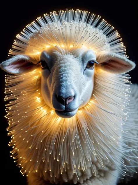 a close up of a sheep with a white head and a string of lights