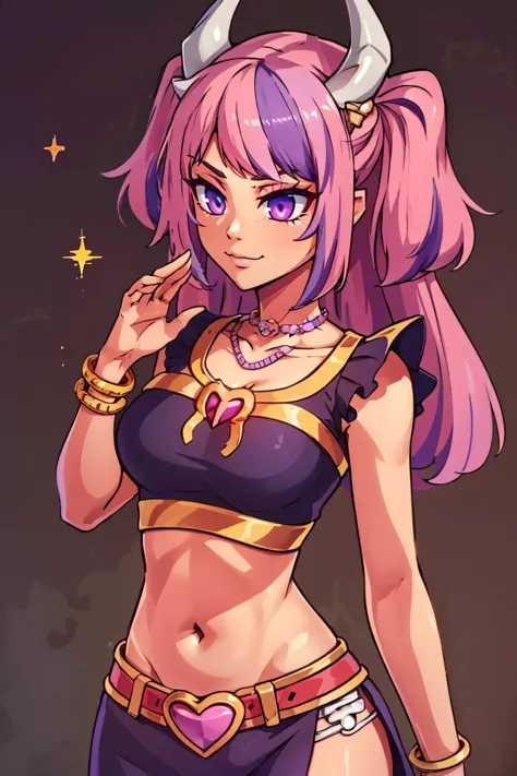 ((masterpiece,best quality)), absurdres,
purple eyes, pink hair, purple hair, horns, streaked hair, smile, hearts, 
ironmouse, :3, absurdres, choker,grey background, highres, medium breasts, two side up, 
beautiful eyes,  Egyptian_Icons, still life, gold, sparkle, golden harem outfit, iridescent gold, golden necklace, golden anklets, golden bracelets, golden belt, golden chain decoration, Savage_Design,  bone necklace, tribal, pelvic curtain, crop top, upper body,  demon bones, demon skull,