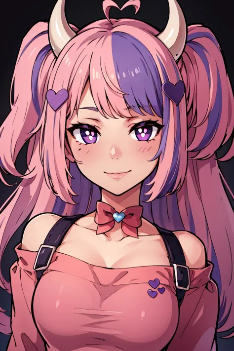 a close up of a anime girl with horns and a pink dress