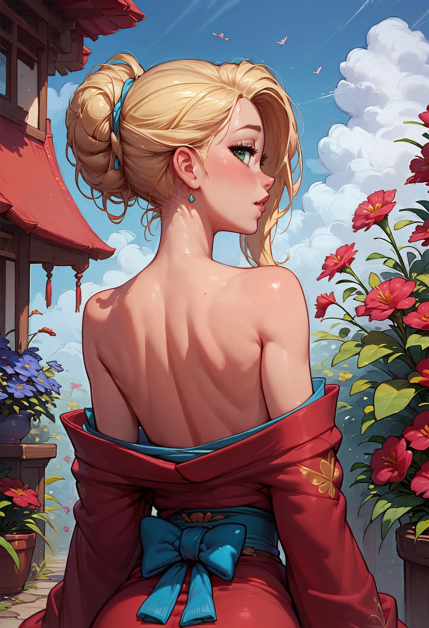 score_9, score_8_up, score_7_up, 1girl, , blonde hair, flowers, disney, source_cartoon, green eyes, red kimono, off shoulder, looking at viewer from behind  expressiveH 