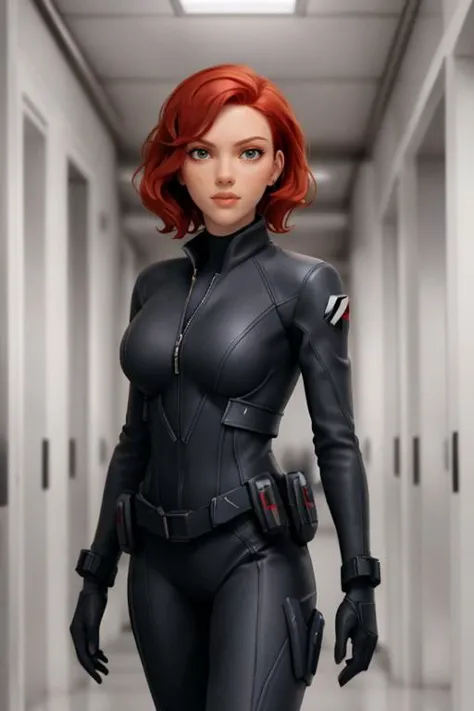 sc4rj0,short red hair,  black leather suit, white hallway <lora:sc4rj0:0.8>