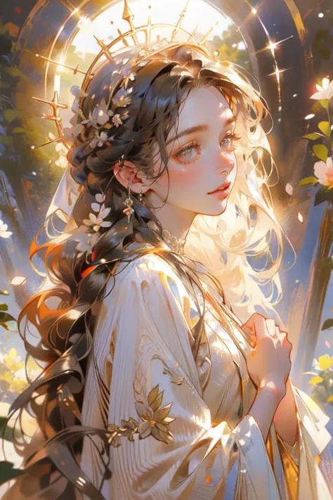 <lora:niji_fairycore:0.8>, 1girl, solo, braided hair, long hair, flowers, petal, closeup portrait, looking at viewer, masterpiec...