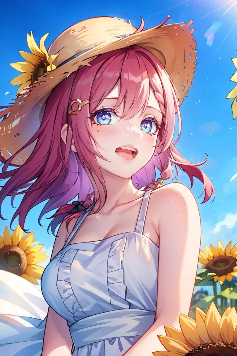 1girl, asta \(honkai: star rail\), hairpin, sundress, sunflower, straw hat, laughing, looking at viewer, wind, floating hair, wi...