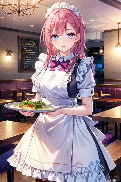 1girl, asta \(honkai: star rail\), hairpin, maid, maid headdress, maid apron, holding food, lace-trimmed legwear, cowboy shot, restaurant, indoors, looking at viewer, smile, (extremely detailed CG unity 8k wallpaper,masterpiece, best quality, ultra-detailed, beautiful detailed eyes:1.2)