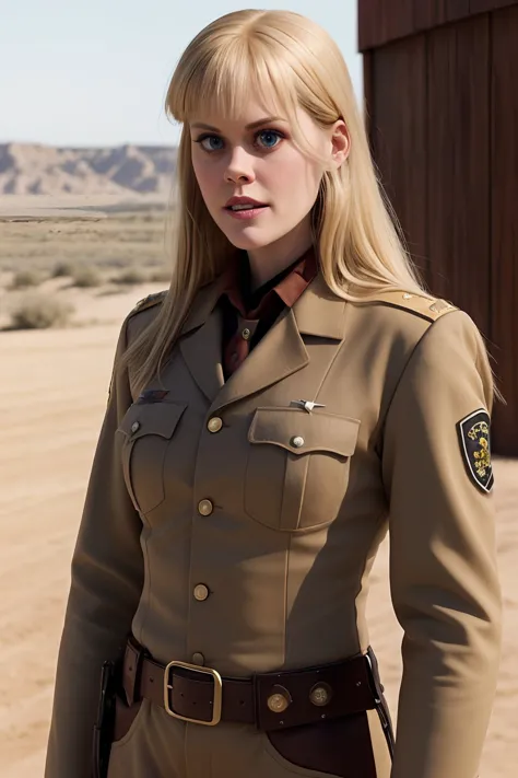 Foto de alta qualidade de Janet Varney com cabelo comprido e liso loiro com franja, usando uniforme de xerife do Velho Oeste bege, boca fechada, olhos realistas