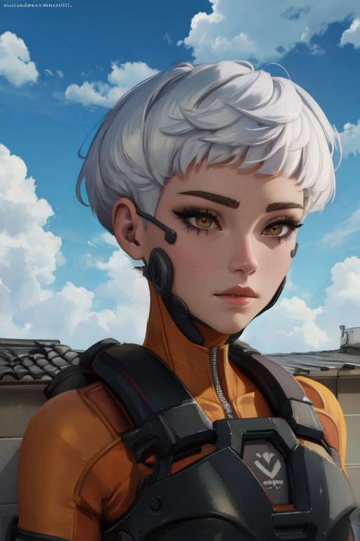 valkapl,white hair,short hair,brown eyes, 
orange bodysuit, 
upper body, standing, 
outside,clouds,rooftop,
(insanely detailed, beautiful detailed face, beautiful detailed eyes, masterpiece, best quality) 
 
