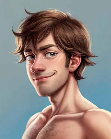 (jkras:1.1), homem bonito, como Jim Halpert do escritório, retrato em close, tronco, estilo pixar, sorriso pretensioso, foco nitído, absurdos, obra de arte, fundo azul claro simples, (topless:1.1), pose dinâmica, (perfil:0.7) 