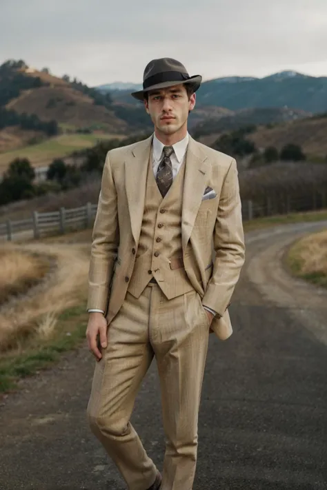 a close up of a man in a suit and hat standing on a road