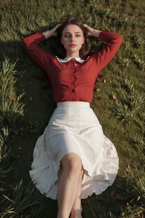 arafed woman laying on the grass in a red shirt and white skirt