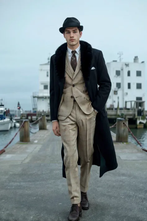 arafed man in a suit and hat walking on a pier